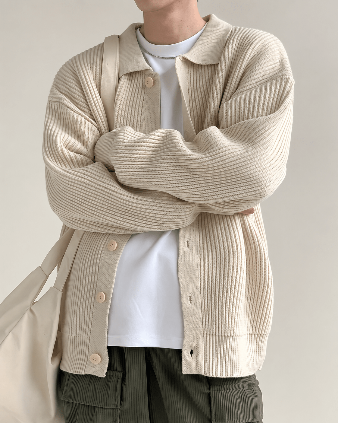 Ribbed Pointed Collar Button Cardigan - Harren Cole