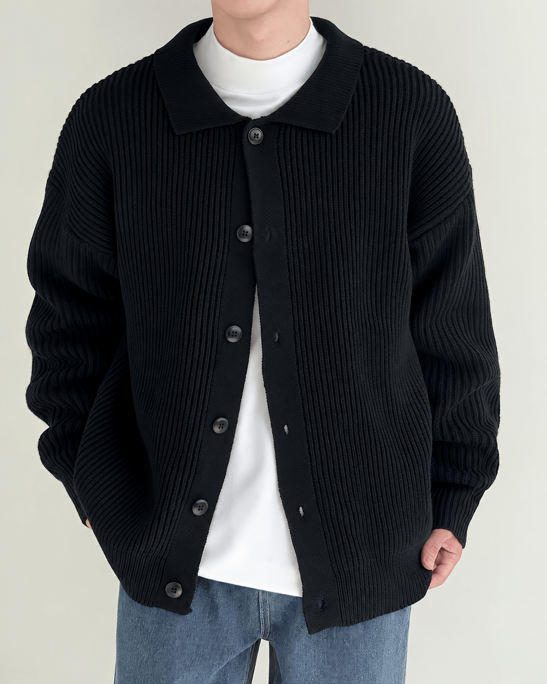 Ribbed Pointed Collar Button Cardigan - Harren Cole
