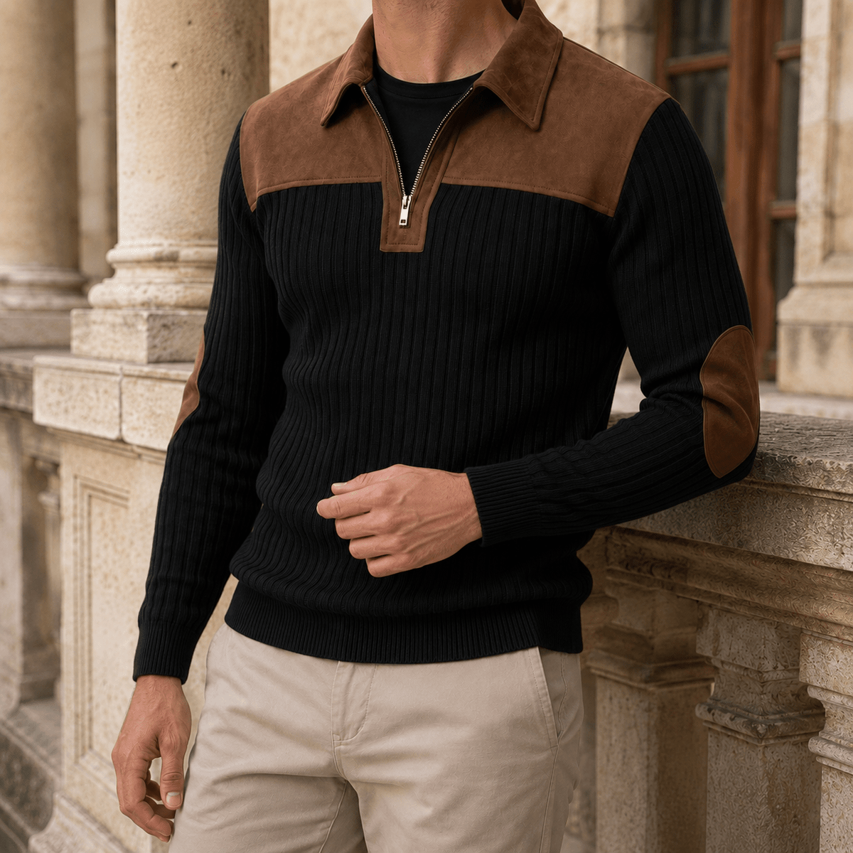 Ribbed Quarter Zip Sweater With Elbow Patches - Harren Cole