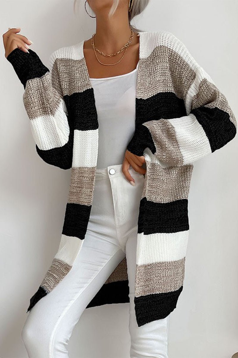 Rosanna - Damen Lang Strickjacke mit Tricolor Design und Offener Front - Livezo