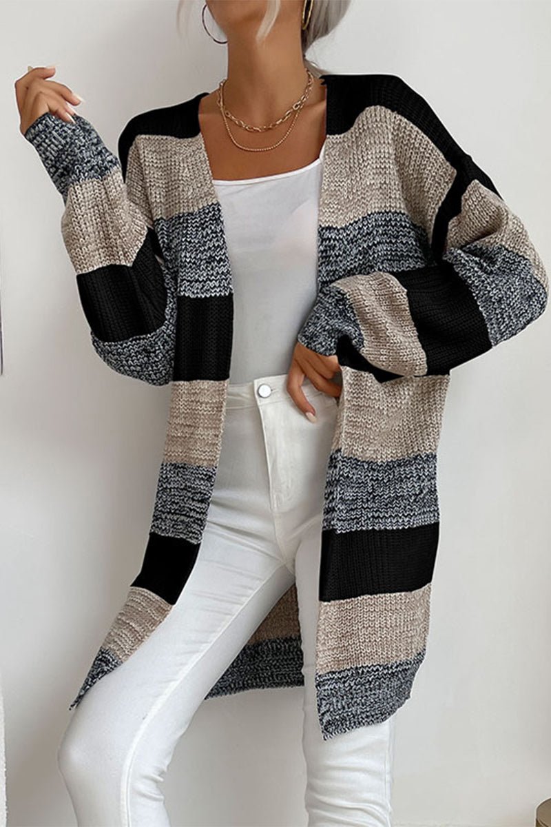 Rosanna - Damen Lang Strickjacke mit Tricolor Design und Offener Front - Livezo