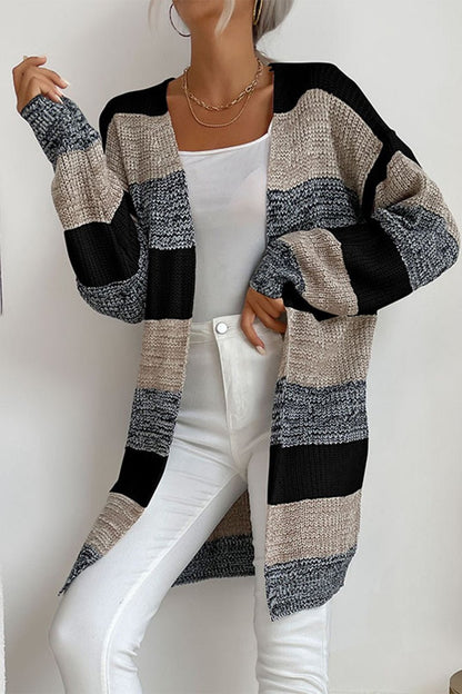 Rosanna - Damen Lang Strickjacke mit Tricolor Design und Offener Front - Livezo