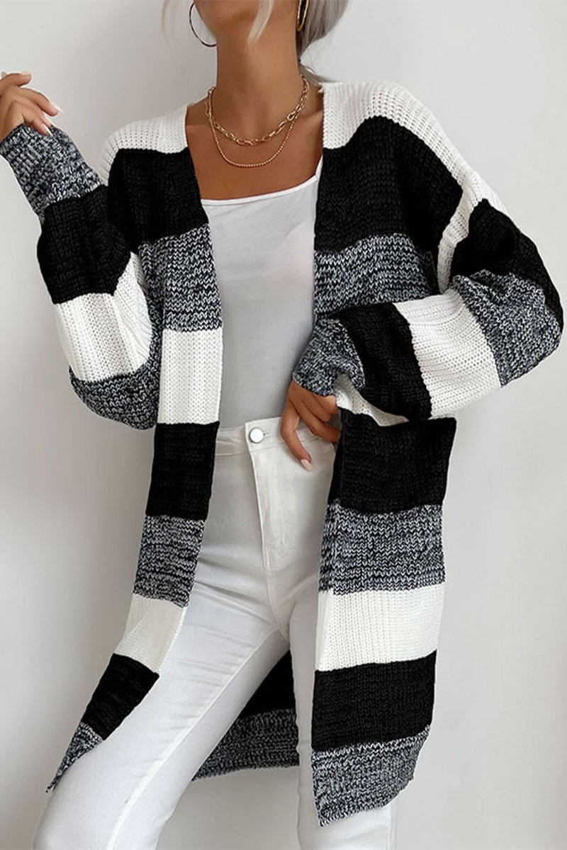 Rosanna - Damen Lang Strickjacke mit Tricolor Design und Offener Front - Livezo