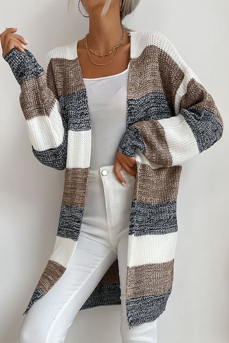 Rosanna - Damen Lang Strickjacke mit Tricolor Design und Offener Front - Livezo