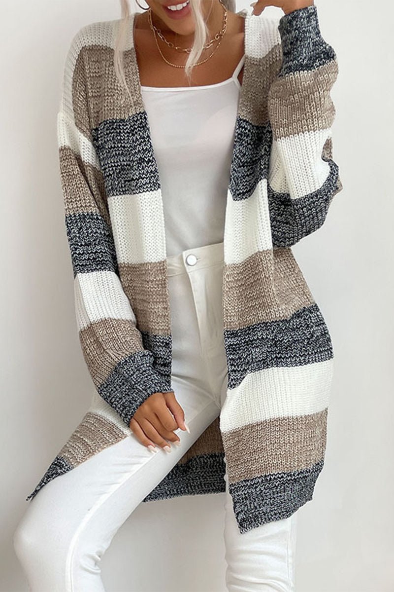 Rosanna - Damen Lang Strickjacke mit Tricolor Design und Offener Front - Livezo