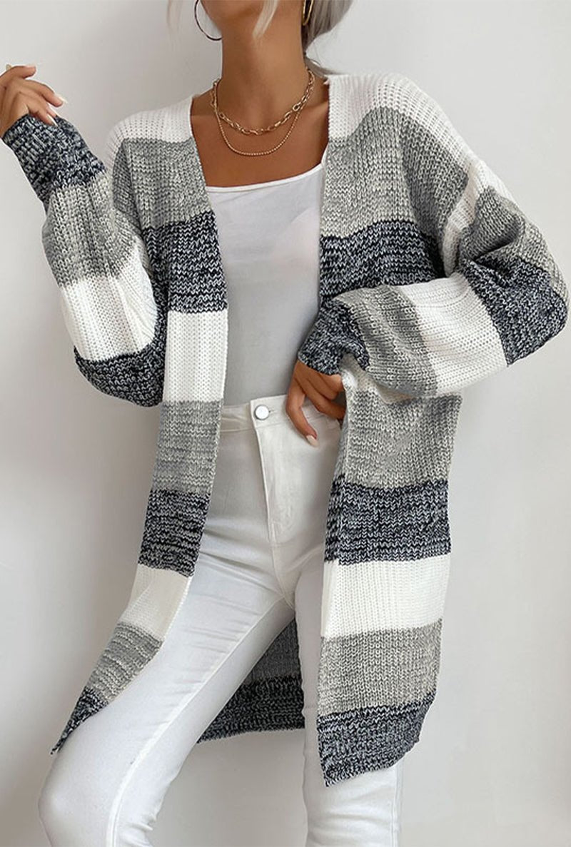 Rosanna - Damen Lang Strickjacke mit Tricolor Design und Offener Front - Livezo