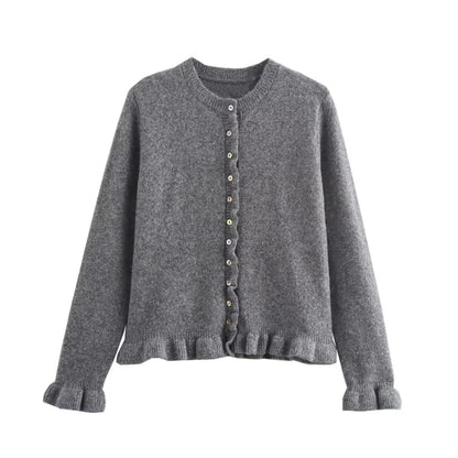 Rüschenbesetzter Damen - Cardigan mit Knöpfen, schickes Lagen - Oberteil - Livezo