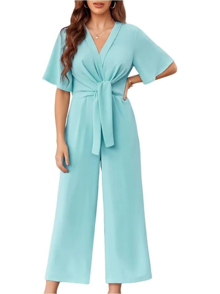 Schicker Overall mit weitem Bein, kurzem Ärmel und vorn gebunden - Livezo