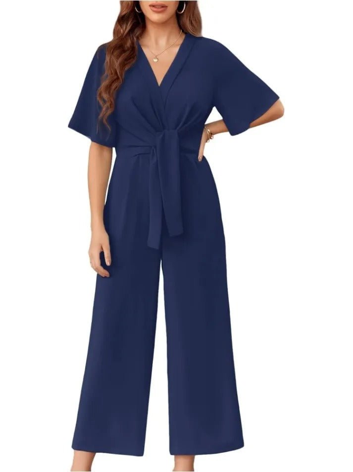Schicker Overall mit weitem Bein, kurzem Ärmel und vorn gebunden - Livezo