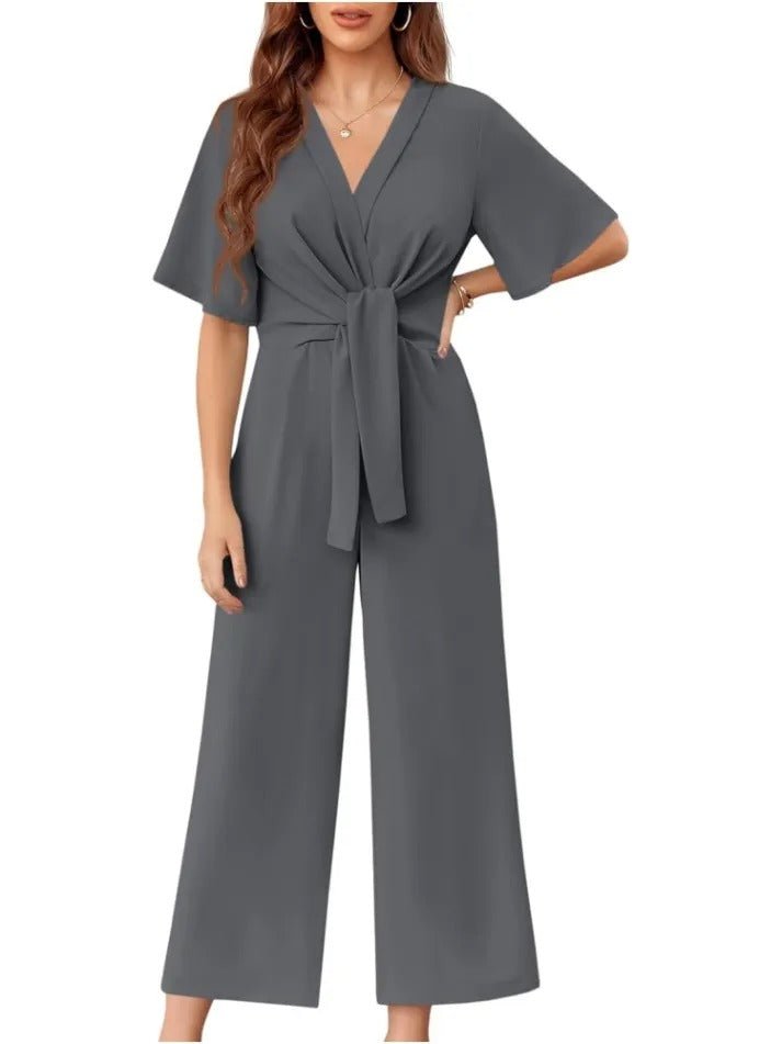 Schicker Overall mit weitem Bein, kurzem Ärmel und vorn gebunden - Livezo