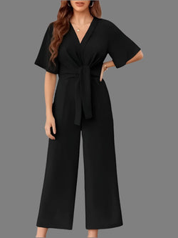 Schicker Overall mit weitem Bein, kurzem Ärmel und vorn gebunden - Livezo