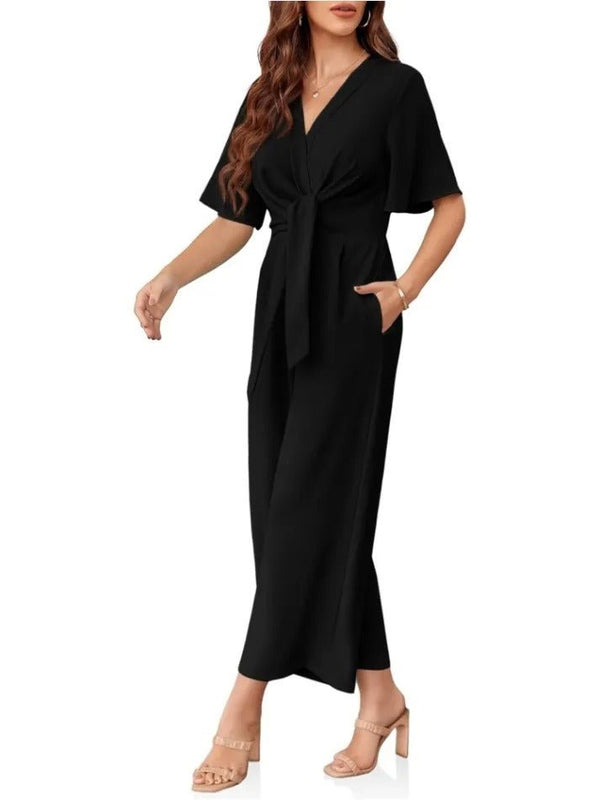 Schicker Overall mit weitem Bein, kurzem Ärmel und vorn gebunden - Livezo