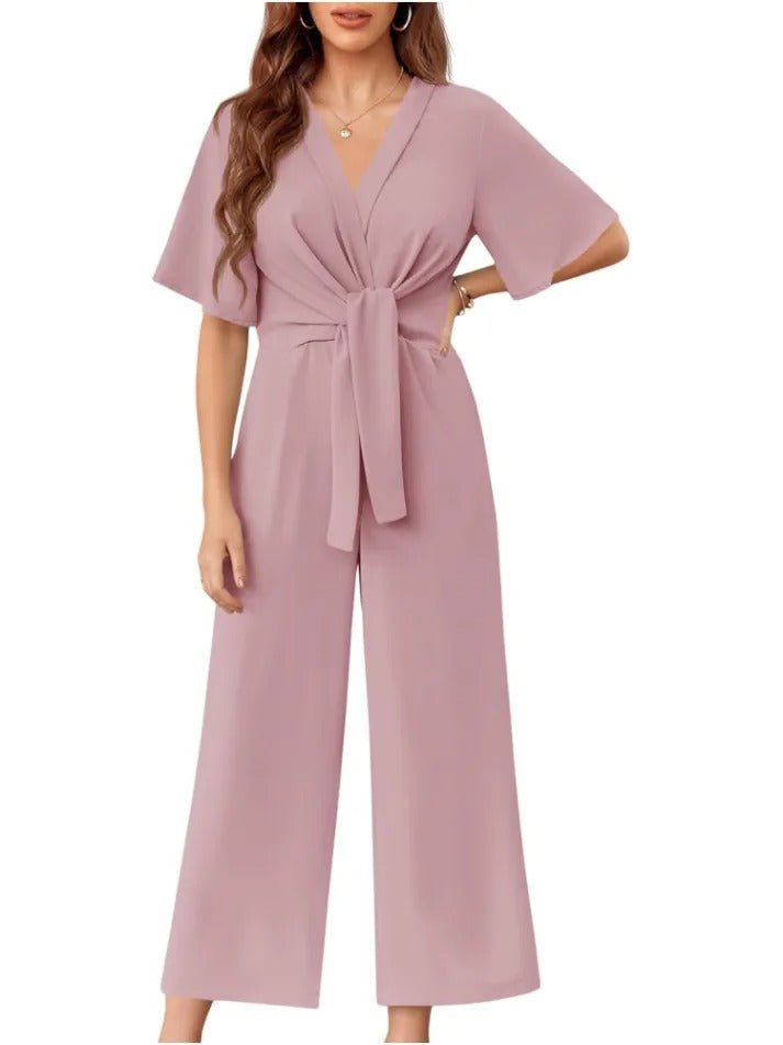Schicker Overall mit weitem Bein, kurzem Ärmel und vorn gebunden - Livezo