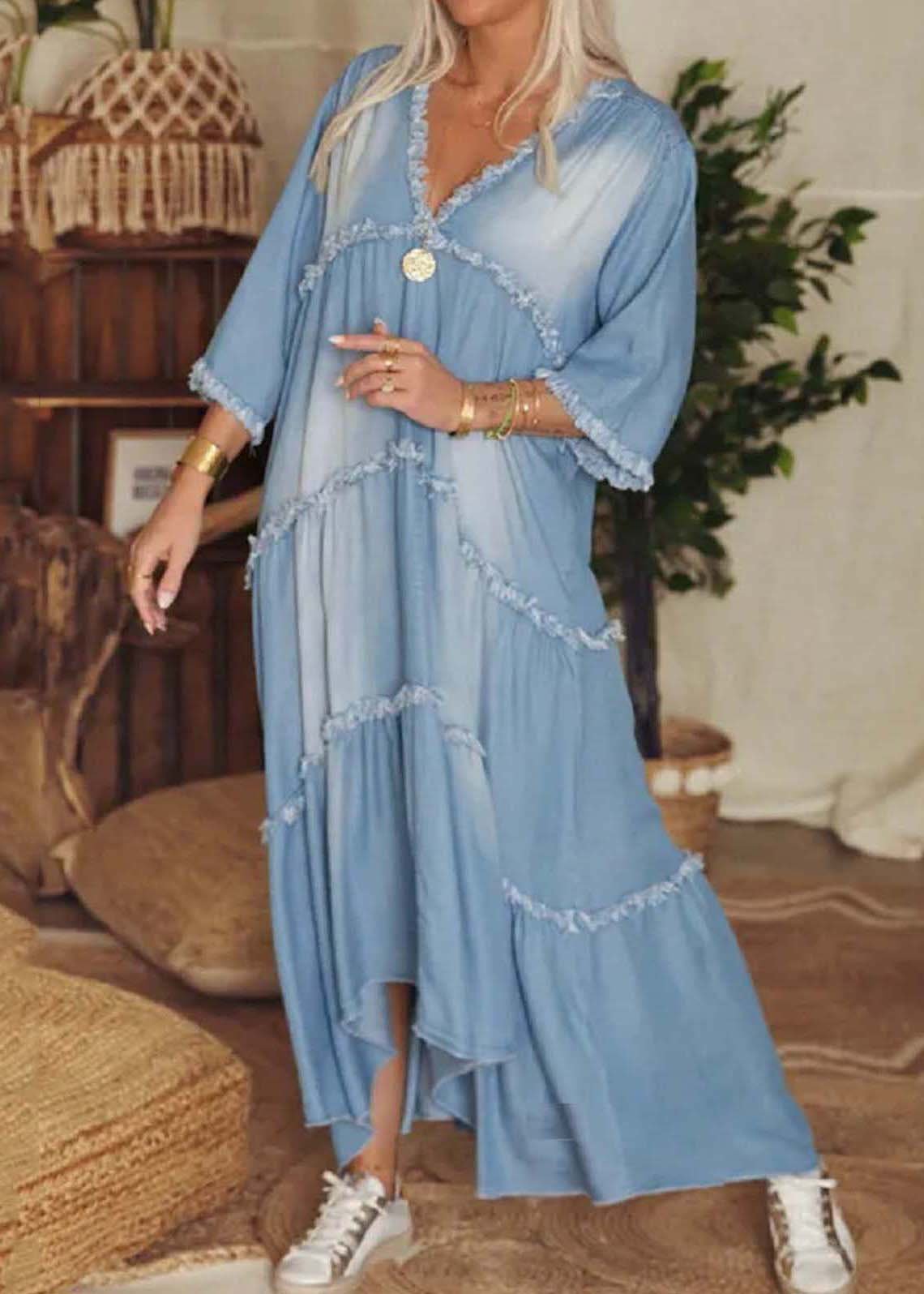 Schickes marineblaues V - Ausschnitt Patchwork - Jeanskleid mit Quasten - Livezo