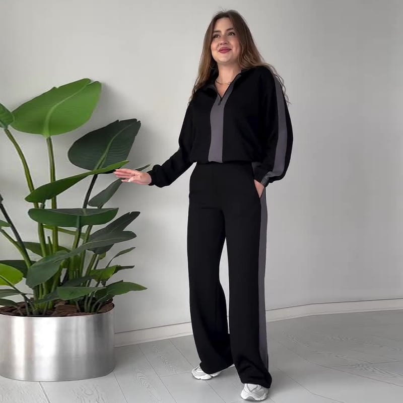 Schickes Revers - Oberteil mit Reißverschluss und Hose 2 - teiliger Anzug - Livezo