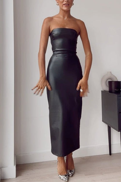 Schulterfreies Kunstleder Bleistift - Maxikleid im Tube - Stil - Livezo