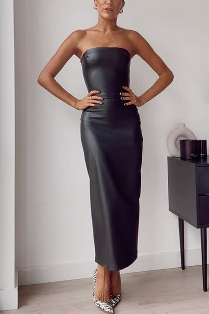 Schulterfreies Kunstleder Bleistift - Maxikleid im Tube - Stil - Livezo