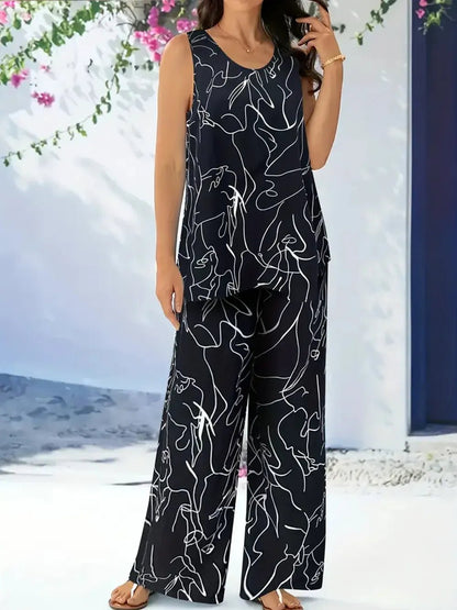 Set aus Oberteil mit abstraktem Druck und Rundhalsausschnitt sowie Hose - Livezo
