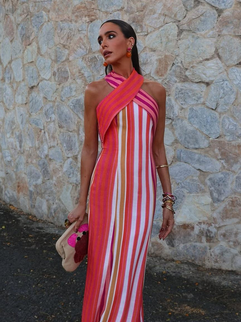 Sommerkleid mit Kreuzhalfter und Streifenmuster im Sonnenuntergangsstil - Livezo