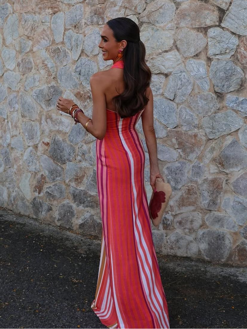 Sommerkleid mit Kreuzhalfter und Streifenmuster im Sonnenuntergangsstil - Livezo