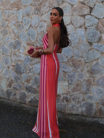 Sommerkleid mit Kreuzhalfter und Streifenmuster im Sonnenuntergangsstil - Livezo