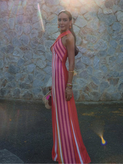 Sommerkleid mit Kreuzhalfter und Streifenmuster im Sonnenuntergangsstil - Livezo