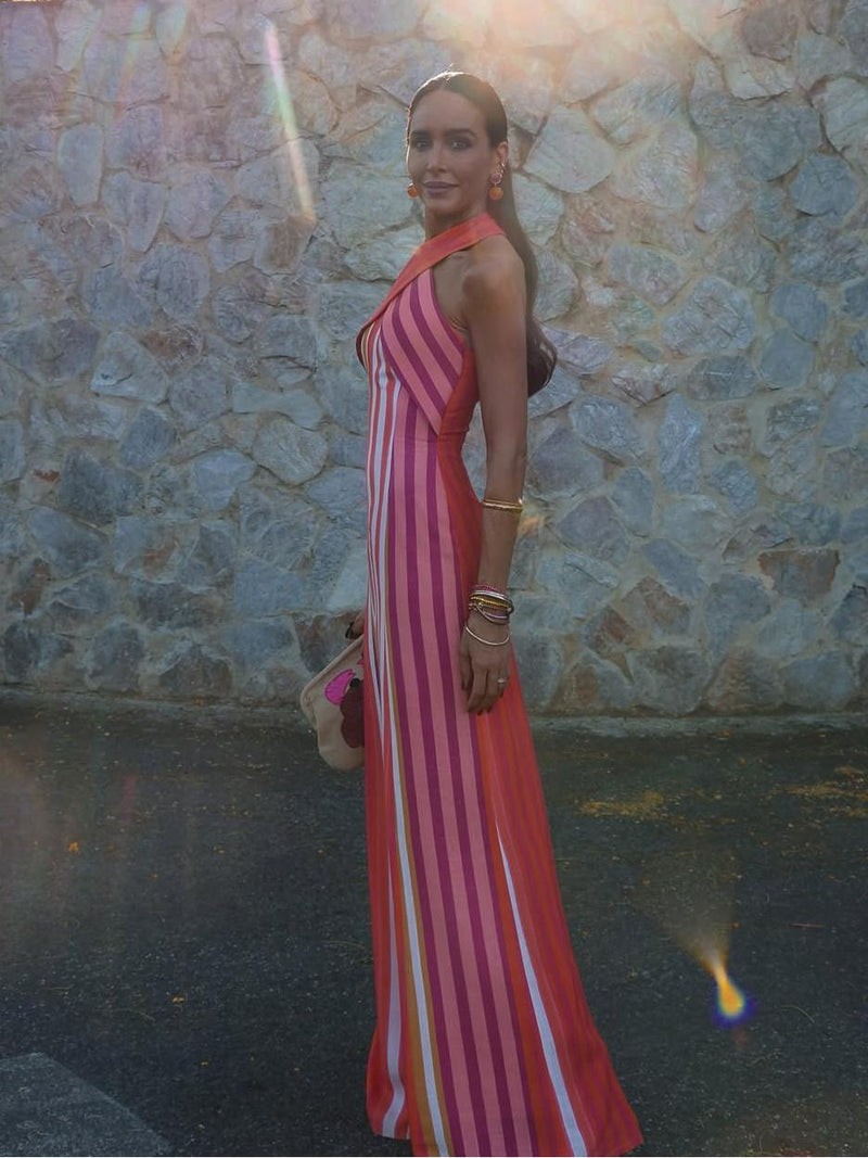 Sommerkleid mit Kreuzhalfter und Streifenmuster im Sonnenuntergangsstil - Livezo