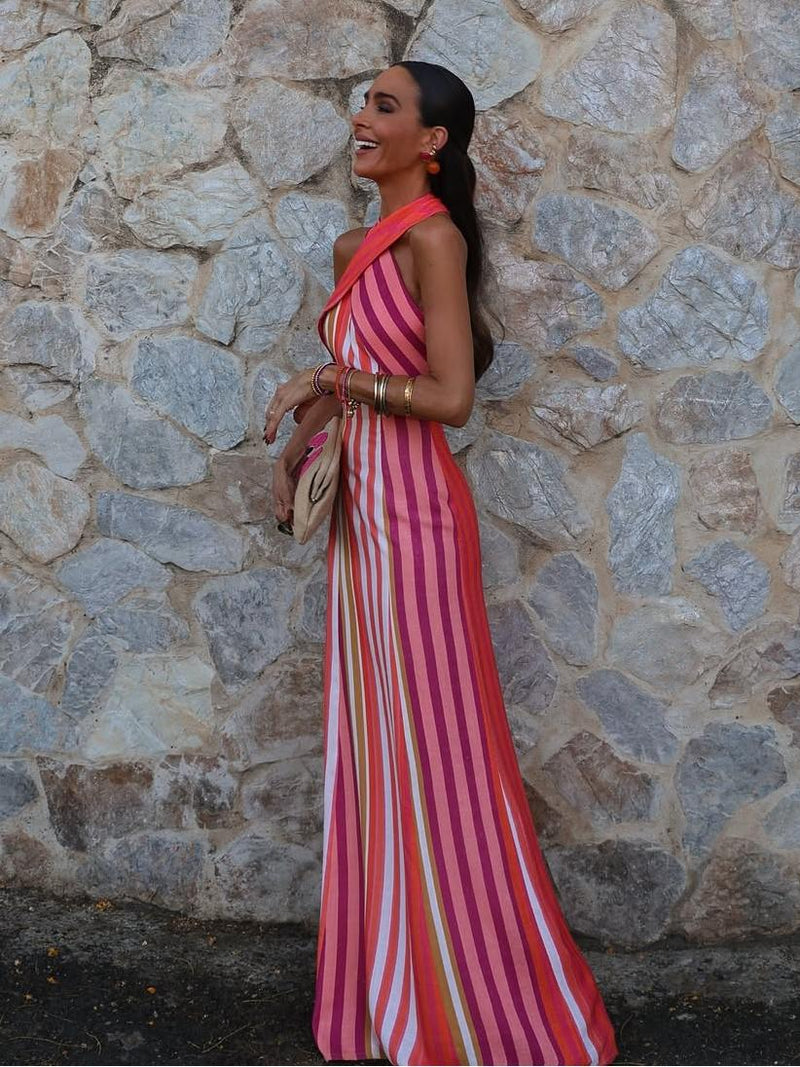 Sommerkleid mit Kreuzhalfter und Streifenmuster im Sonnenuntergangsstil - Livezo