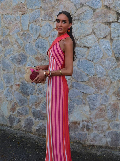 Sommerkleid mit Kreuzhalfter und Streifenmuster im Sonnenuntergangsstil - Livezo