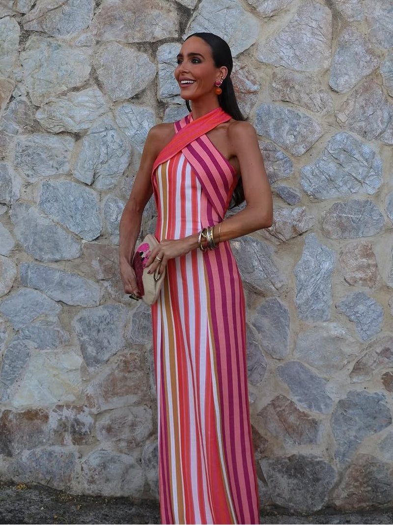 Sommerkleid mit Kreuzhalfter und Streifenmuster im Sonnenuntergangsstil - Livezo