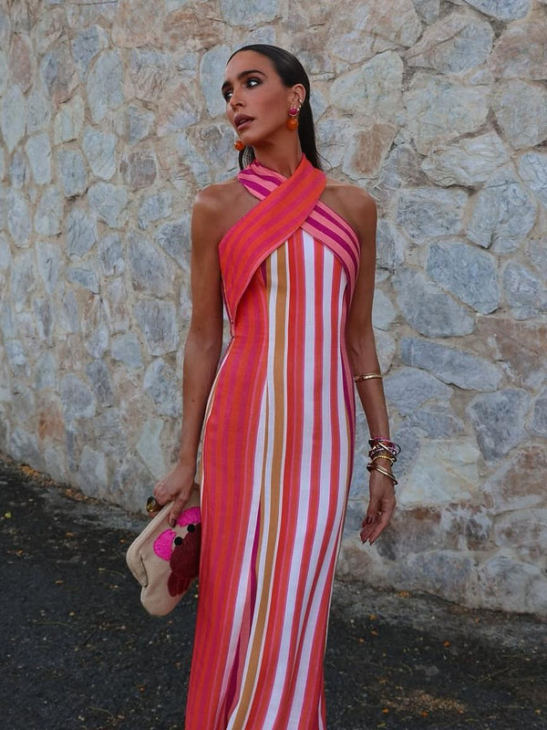 Sommerkleid mit Kreuzhalfter und Streifenmuster im Sonnenuntergangsstil - Livezo