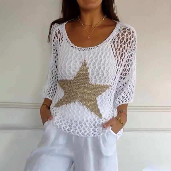 Damenmode Rundhals-Crochet-Strick-Top aus Netz