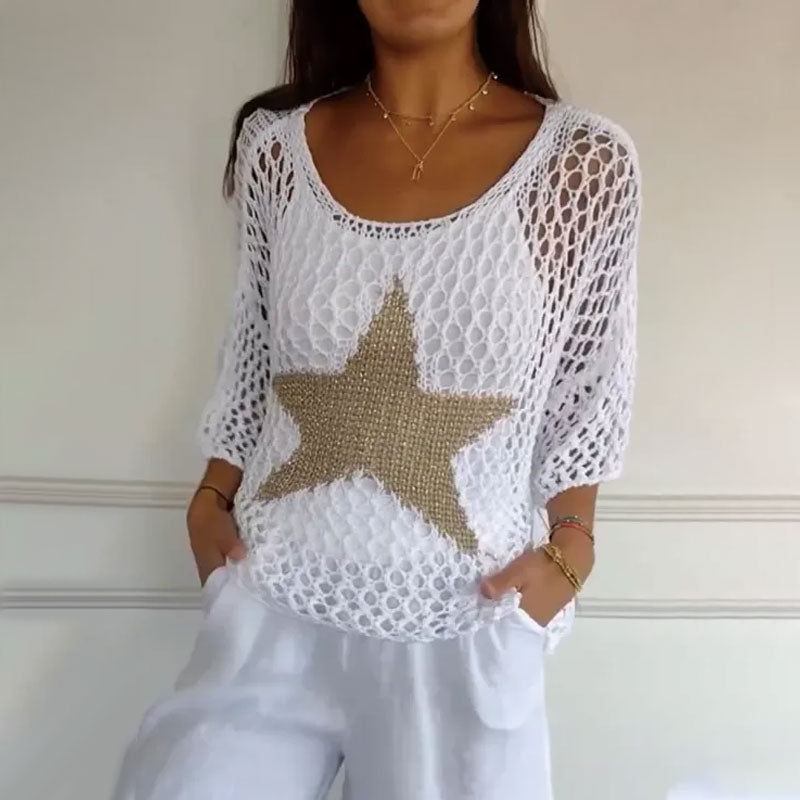 Damenmode Rundhals-Crochet-Strick-Top aus Netz