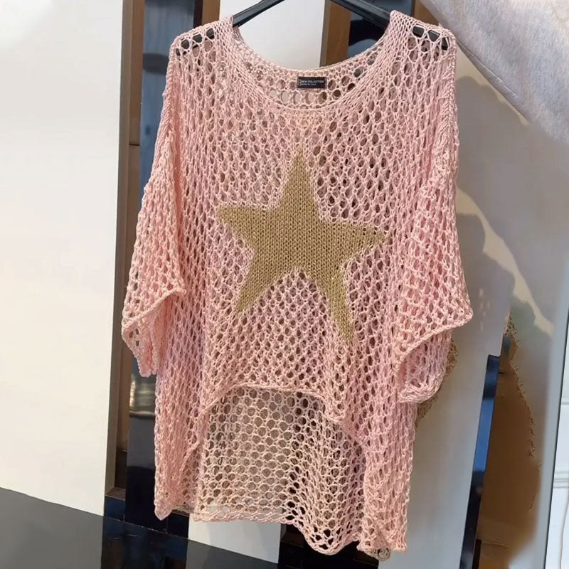 Damenmode Rundhals-Crochet-Strick-Top aus Netz
