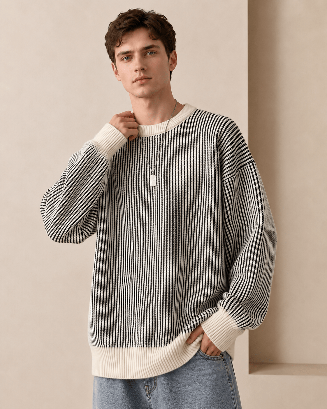 Textured Stripe Crewneck Sweater - Harren Cole