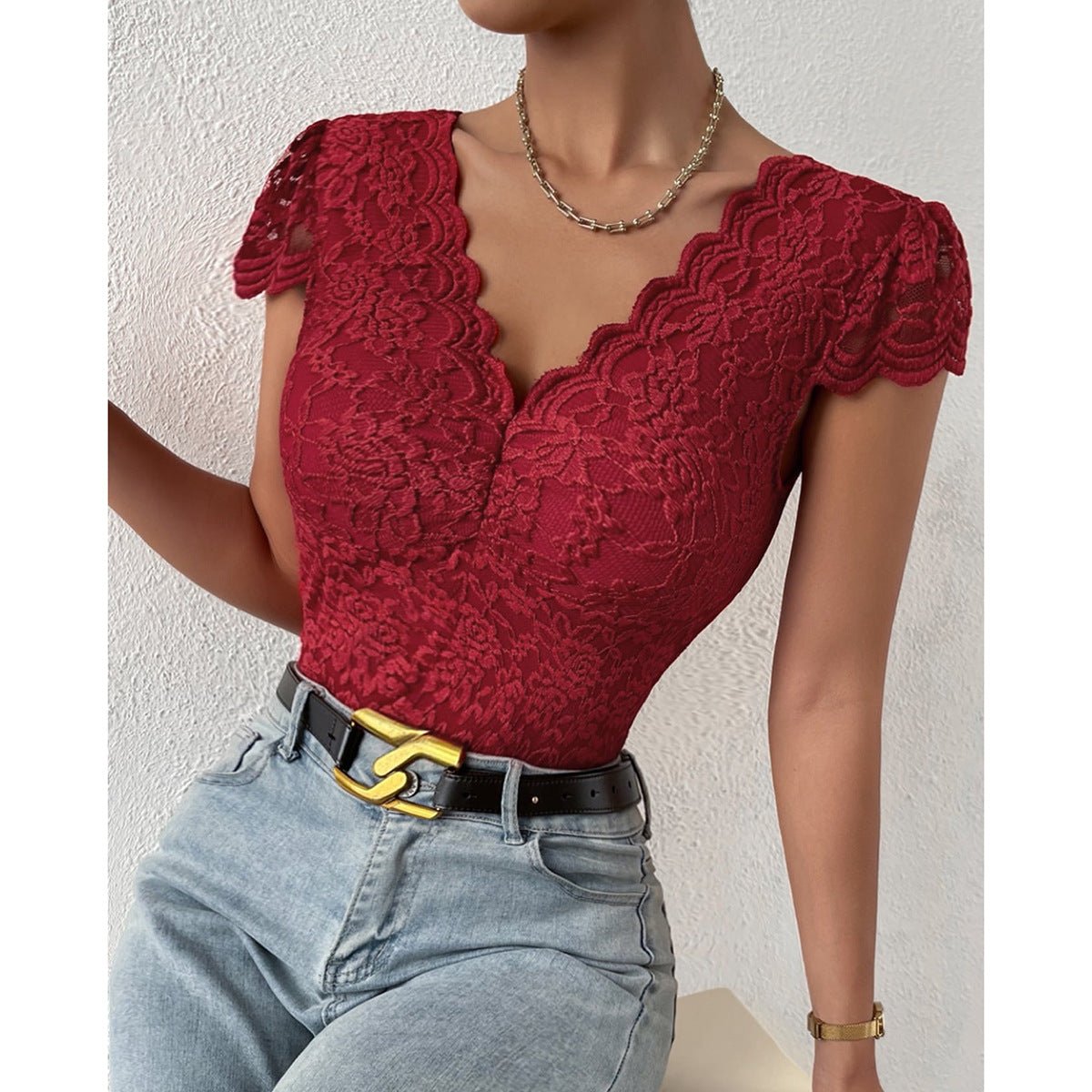 Tilly - V - Ausschnitt Spitze figurbetonter Body - Livezo