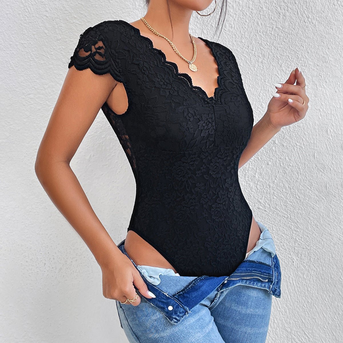 Tilly - V - Ausschnitt Spitze figurbetonter Body - Livezo
