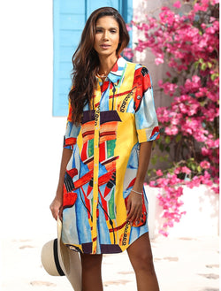 Farbenfrohes, kunstinspiriertes Hemdkleid mit Knopfleiste