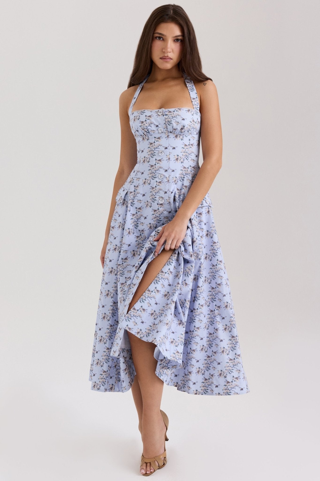Trägerloses Neckholder A - Linien Blumenmuster Kleid - Livezo