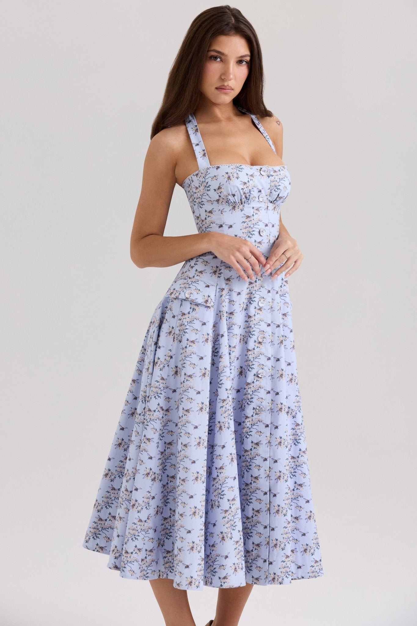 Trägerloses Neckholder A - Linien Blumenmuster Kleid - Livezo