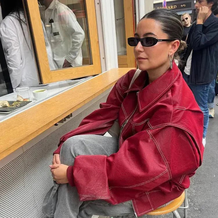 Übergroße rote Übergangsjacke mit Reißverschluss und umgelegtem Kragen - Livezo