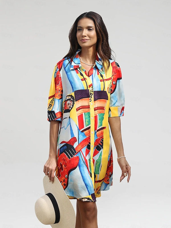 Farbenfrohes, kunstinspiriertes Hemdkleid mit Knopfleiste