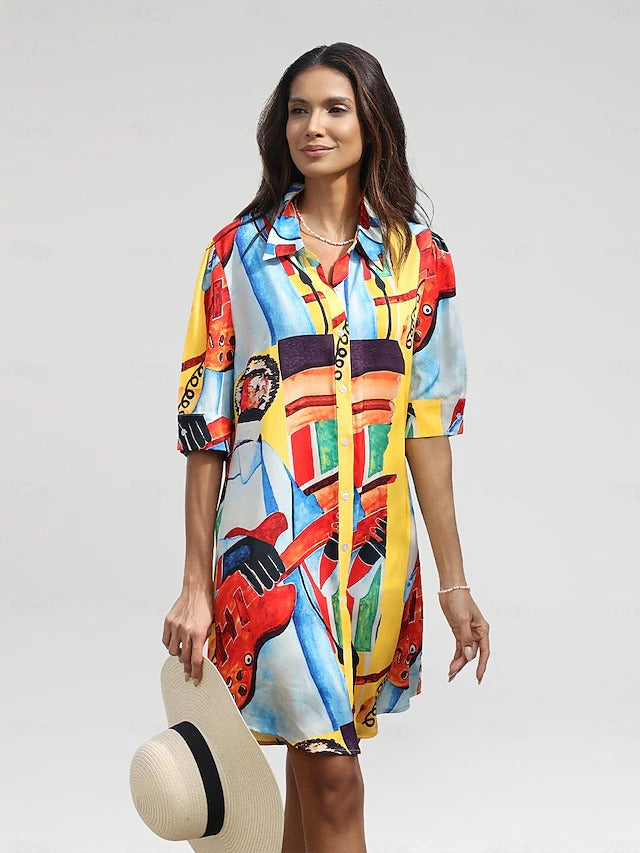 Farbenfrohes, kunstinspiriertes Hemdkleid mit Knopfleiste