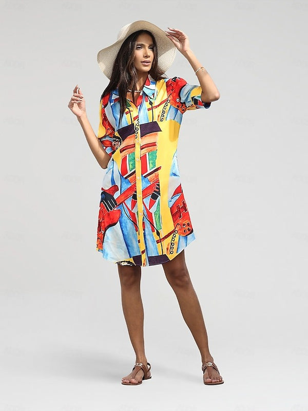 Farbenfrohes, kunstinspiriertes Hemdkleid mit Knopfleiste