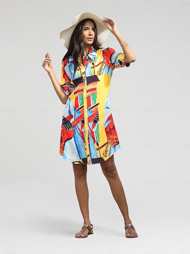 Farbenfrohes, kunstinspiriertes Hemdkleid mit Knopfleiste