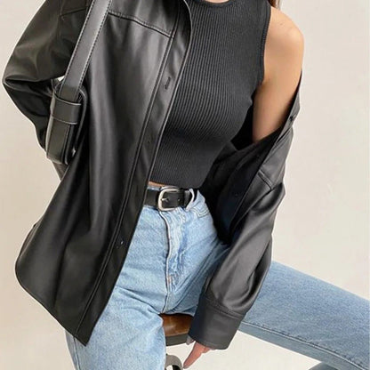 Vintage Leder - Bomberjacke mit Reverskragen und Knopfverschluss - Livezo