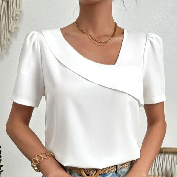 Weiße asymmetrische Bluse mit Puffärmeln und Kragen - Livezo