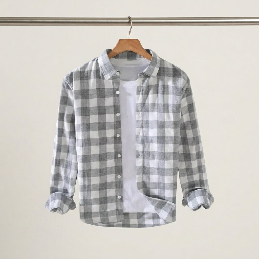Woven Check Button-Down Shirt Grey and Blue - Harren Cole