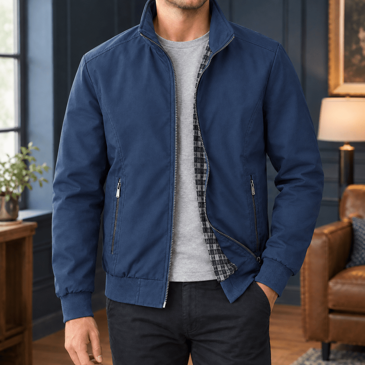 Zip Front Woven Jacket With Stand Collar - Harren Cole