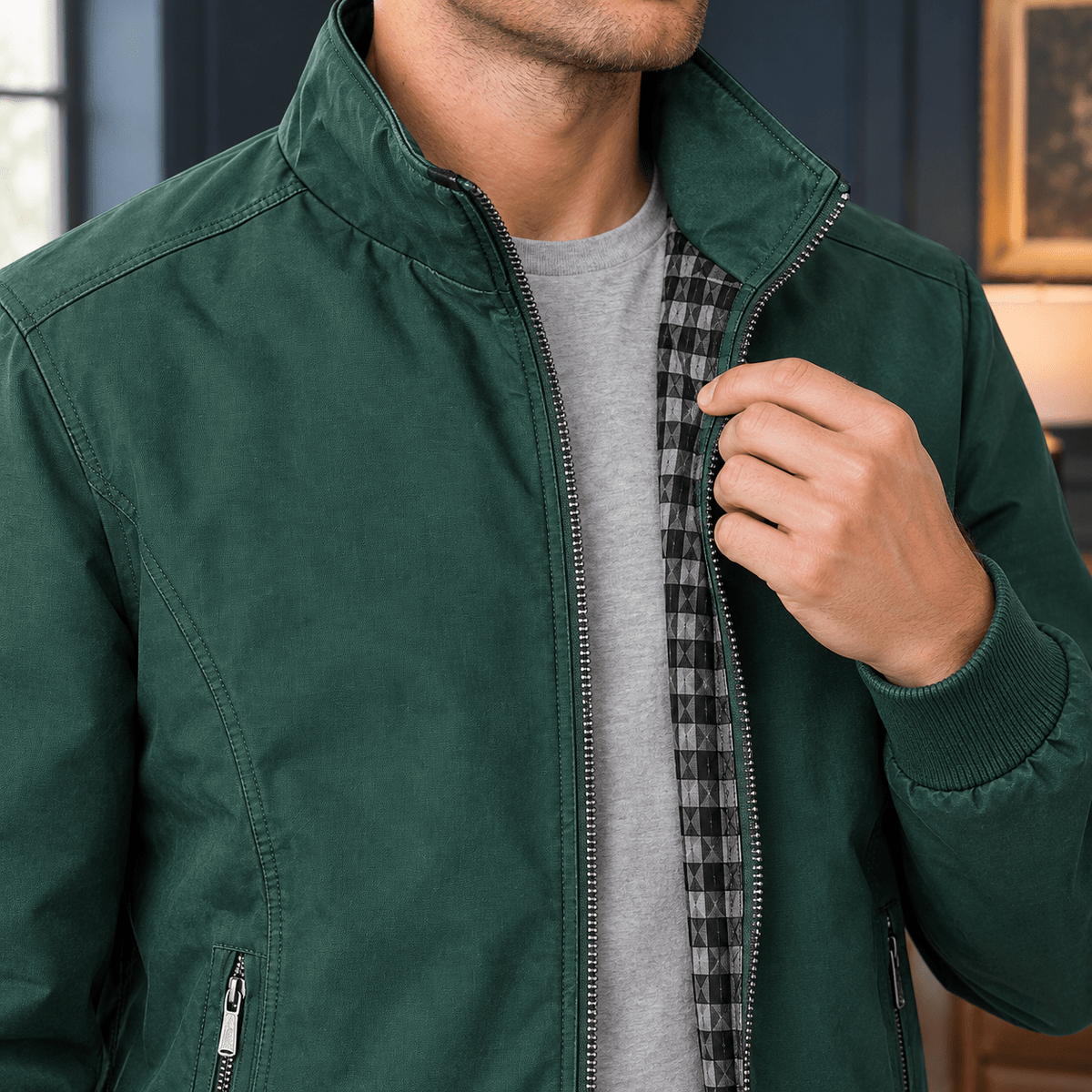 Zip Front Woven Jacket With Stand Collar - Harren Cole